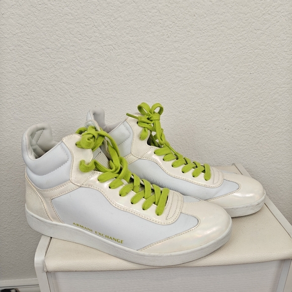 Armani Exchange High Top Lace Sneakers In Op White Acid Lime Size 9 Women's - Picture 1 of 10